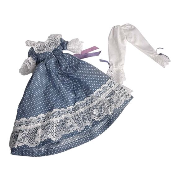 Little Women's Barbie Dress & Bloomers Blue Polka Dot White Lace Purple Ribbons - Picture 2 of 3